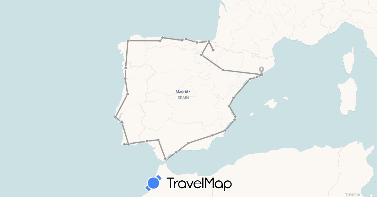 TravelMap itinerary: plane in Spain, Gibraltar, Portugal (Europe)